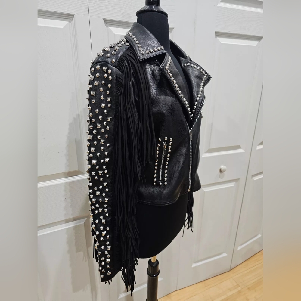 ~SOLD~ Dolls Kill Black Studded AZALEA WANG Ryder Fringe Faux Leather Jacket M - Picture 2 of 16
